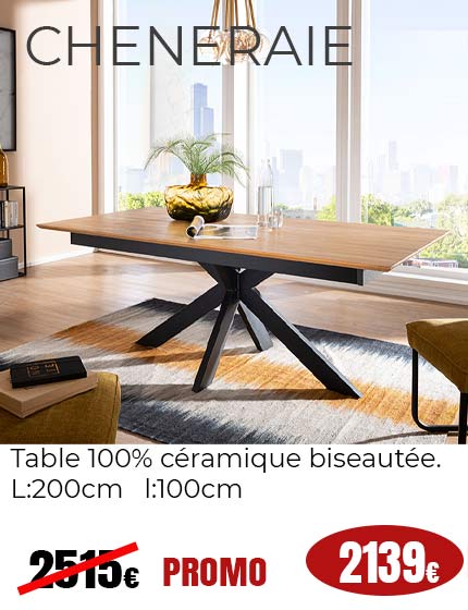 Table moderne en chêne massif avec rallonges.